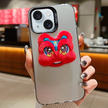 ELECTROPRIME For iPhone 15 New Year Lion Dance Plush Doll Phone Case(Grey Back Red Lion)