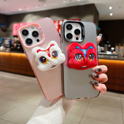 ELECTROPRIME For iPhone 15 New Year Lion Dance Plush Doll Phone Case(Red Back White Lion)