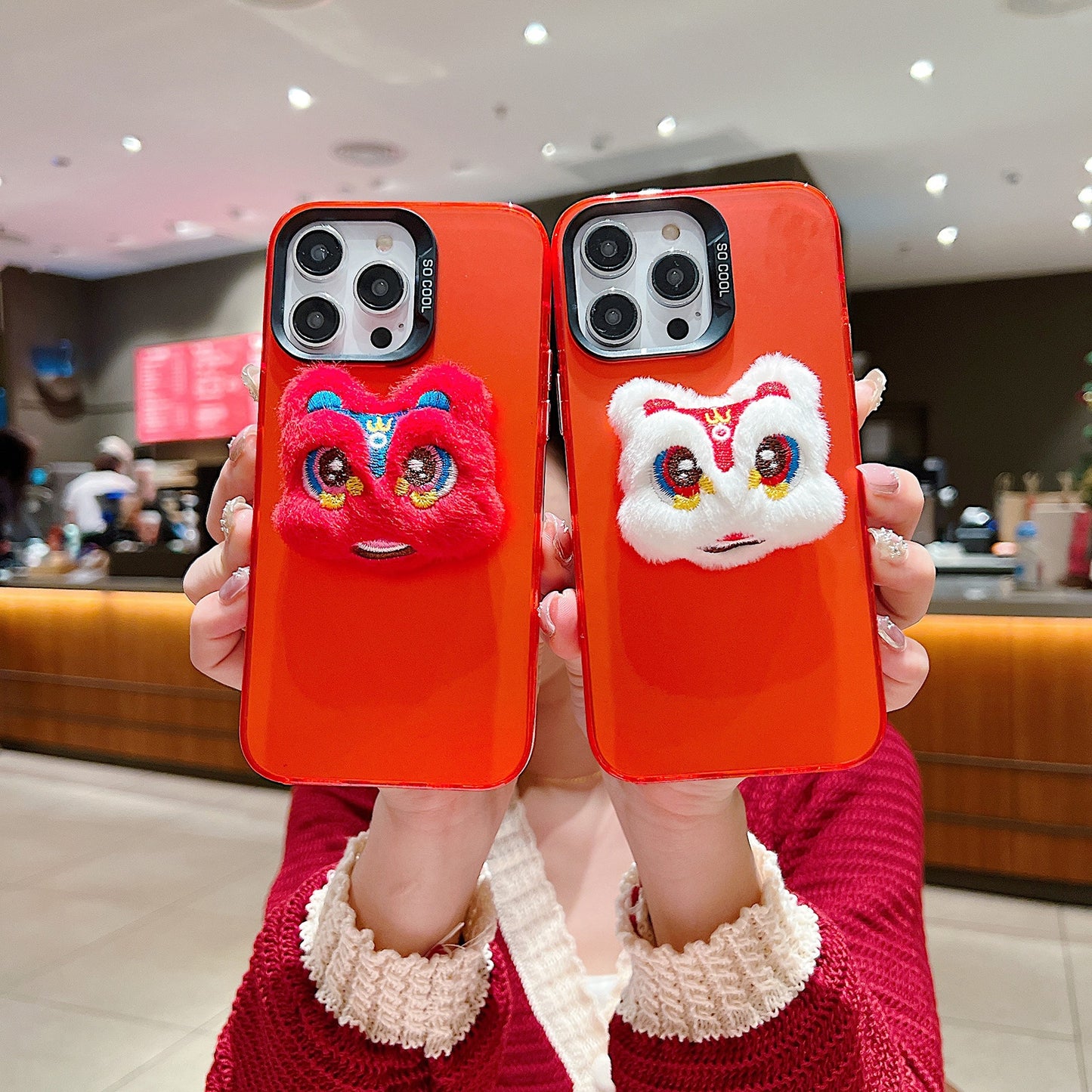ELECTROPRIME For iPhone 15 New Year Lion Dance Plush Doll Phone Case(Red Back White Lion)