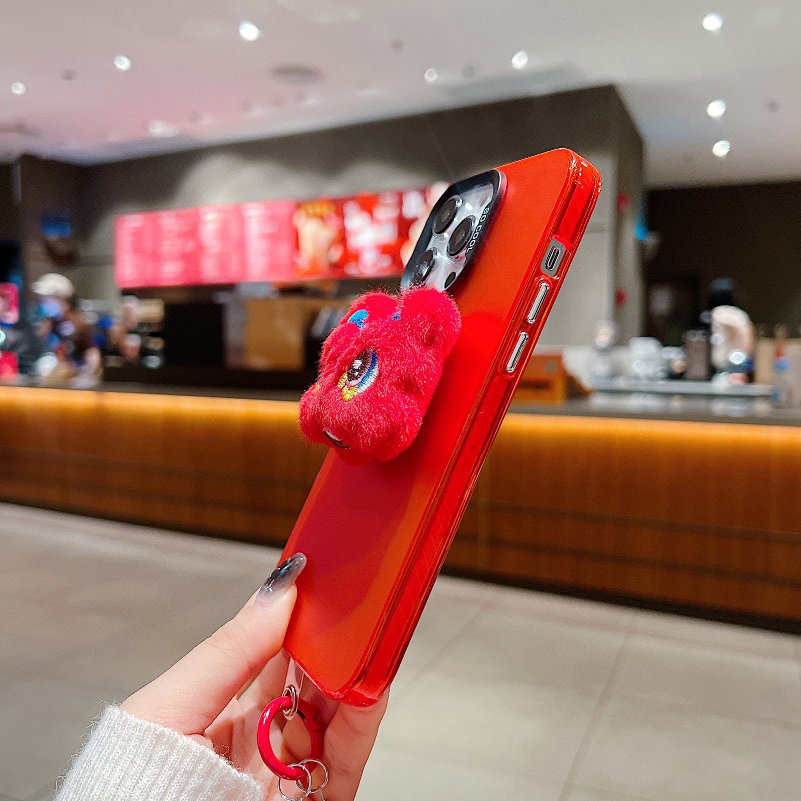 ELECTROPRIME For iPhone 15 New Year Lion Dance Plush Doll Phone Case(Red Back White Lion)