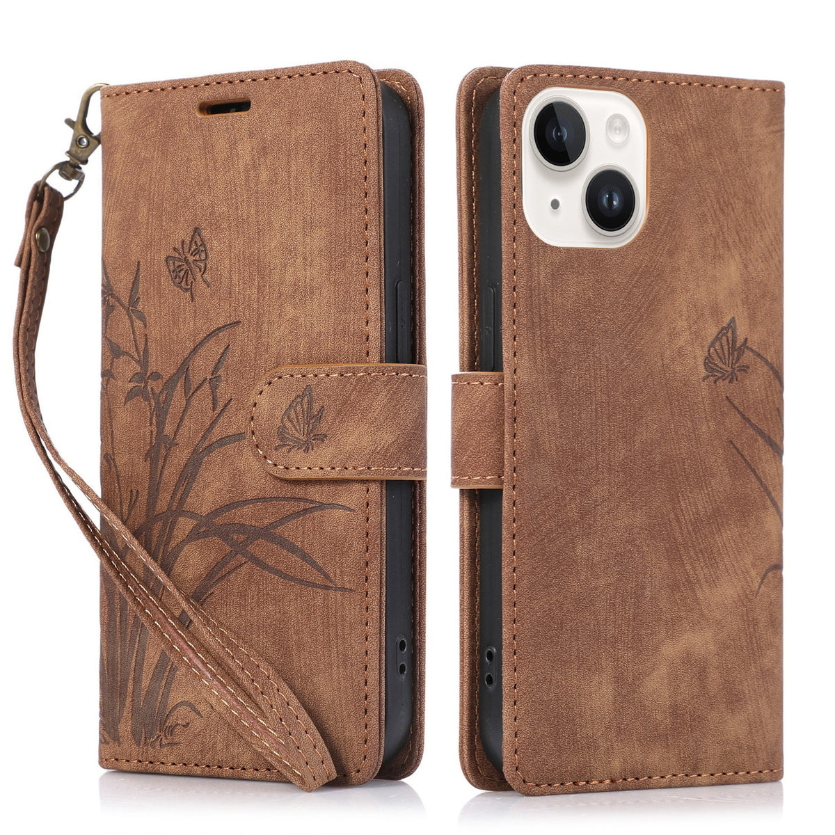 ELECTROPRIME For iPhone 15 Plus Orchid Butterfly Embossed Leather Phone Case(Brown)