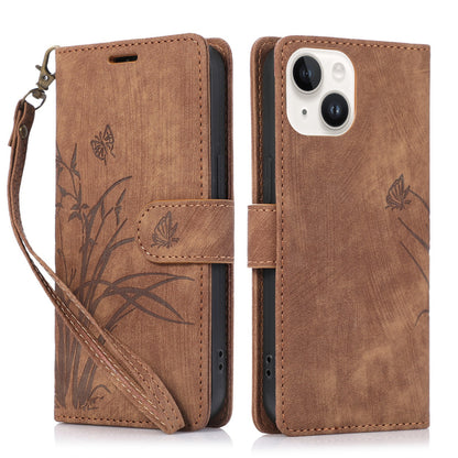 ELECTROPRIME For iPhone 15 Plus Orchid Butterfly Embossed Leather Phone Case(Brown)