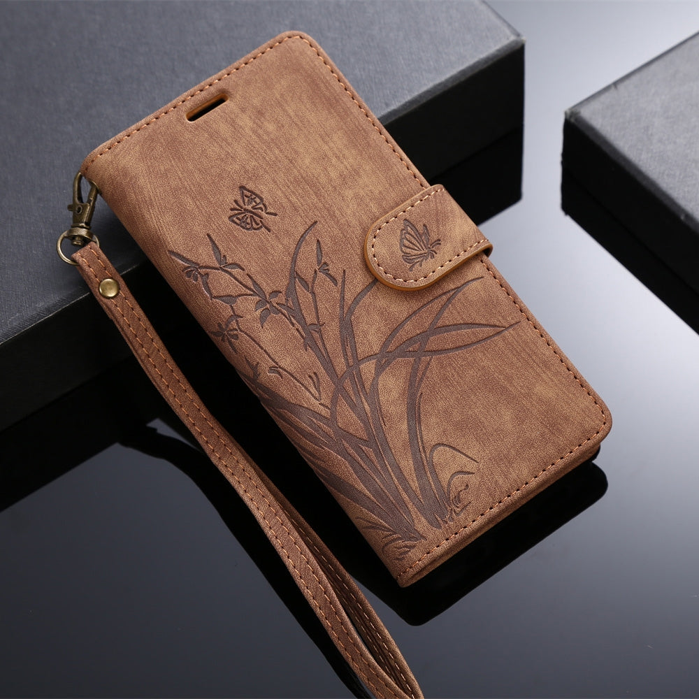 ELECTROPRIME For iPhone 15 Plus Orchid Butterfly Embossed Leather Phone Case(Brown)