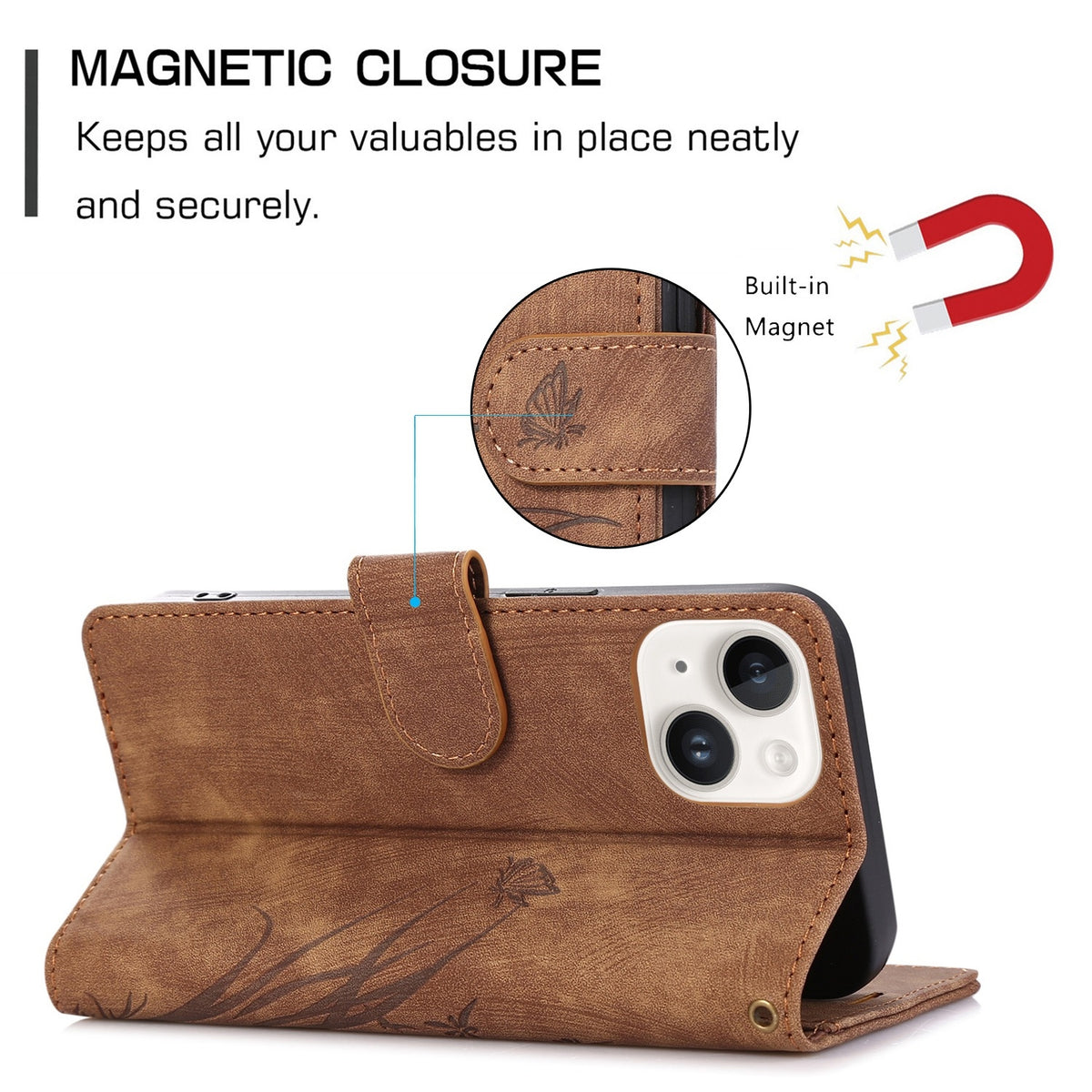 ELECTROPRIME For iPhone 15 Plus Orchid Butterfly Embossed Leather Phone Case(Brown)