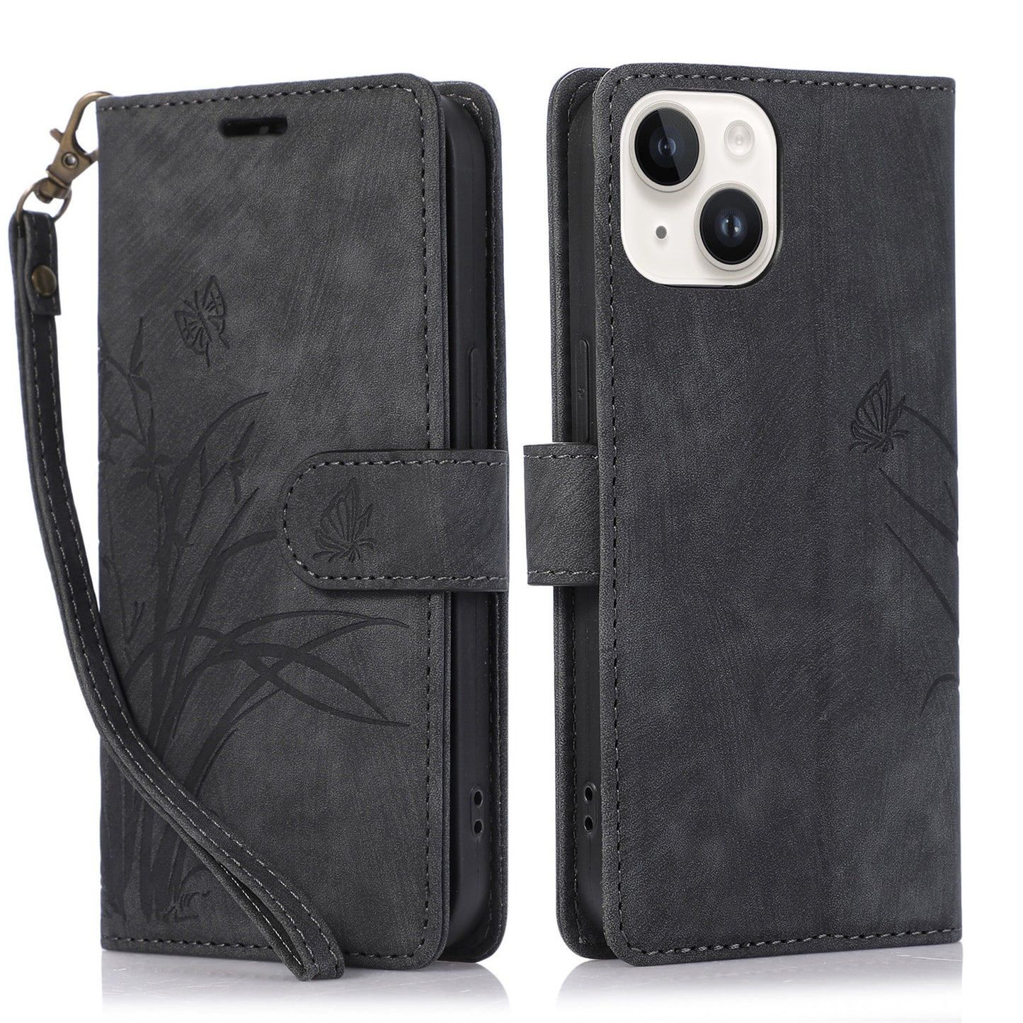 ELECTROPRIME For iPhone 15 Orchid Butterfly Embossed Leather Phone Case(Black)