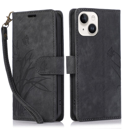 ELECTROPRIME For iPhone 15 Orchid Butterfly Embossed Leather Phone Case(Black)