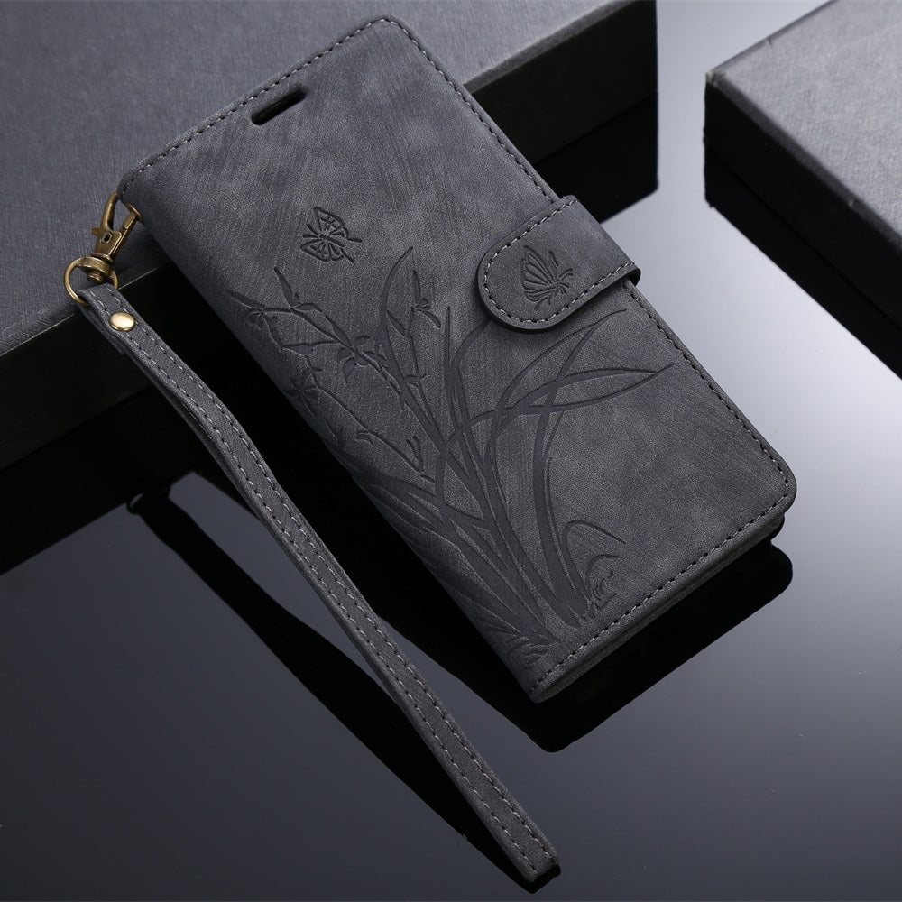 ELECTROPRIME For iPhone 15 Orchid Butterfly Embossed Leather Phone Case(Black)