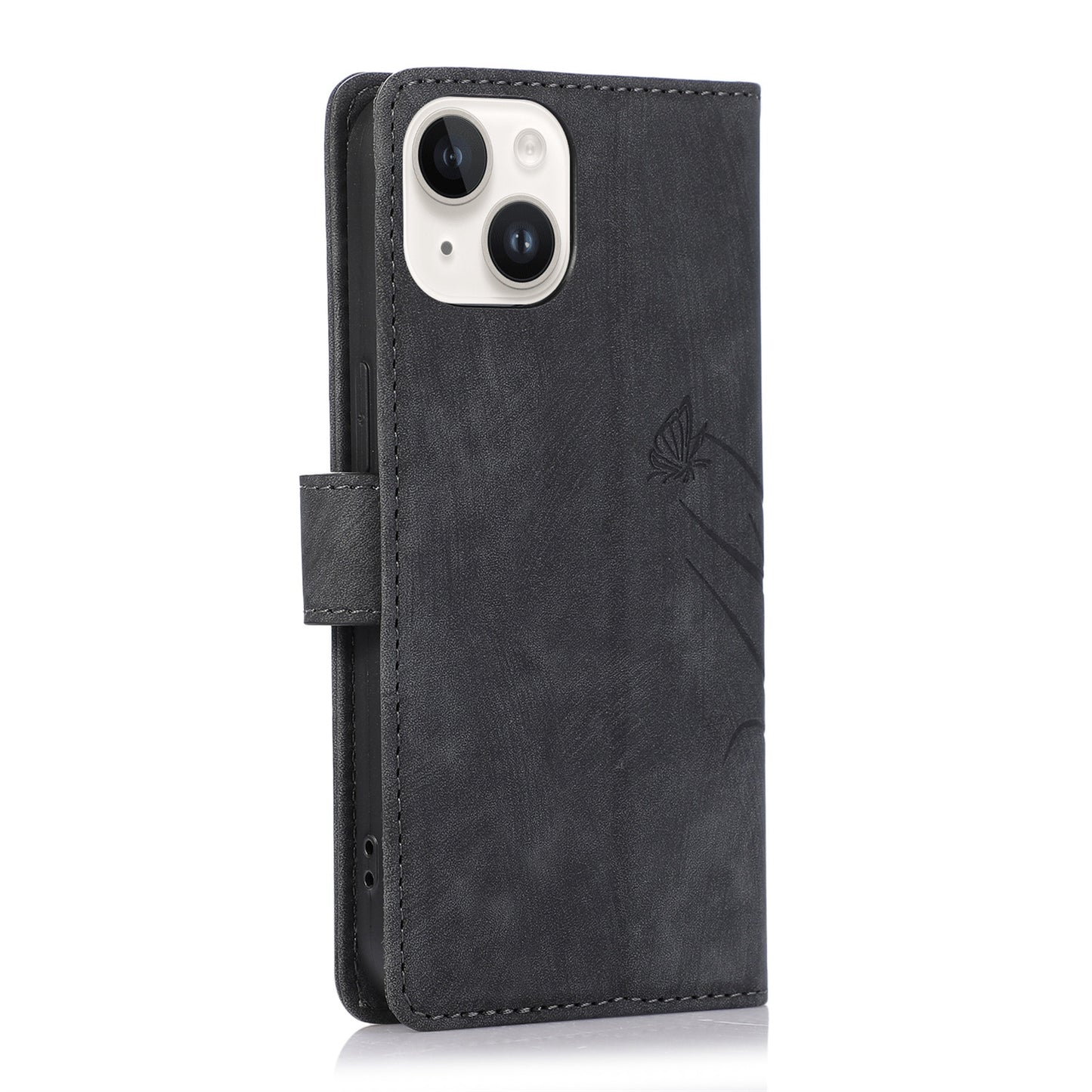 ELECTROPRIME For iPhone 15 Orchid Butterfly Embossed Leather Phone Case(Black)