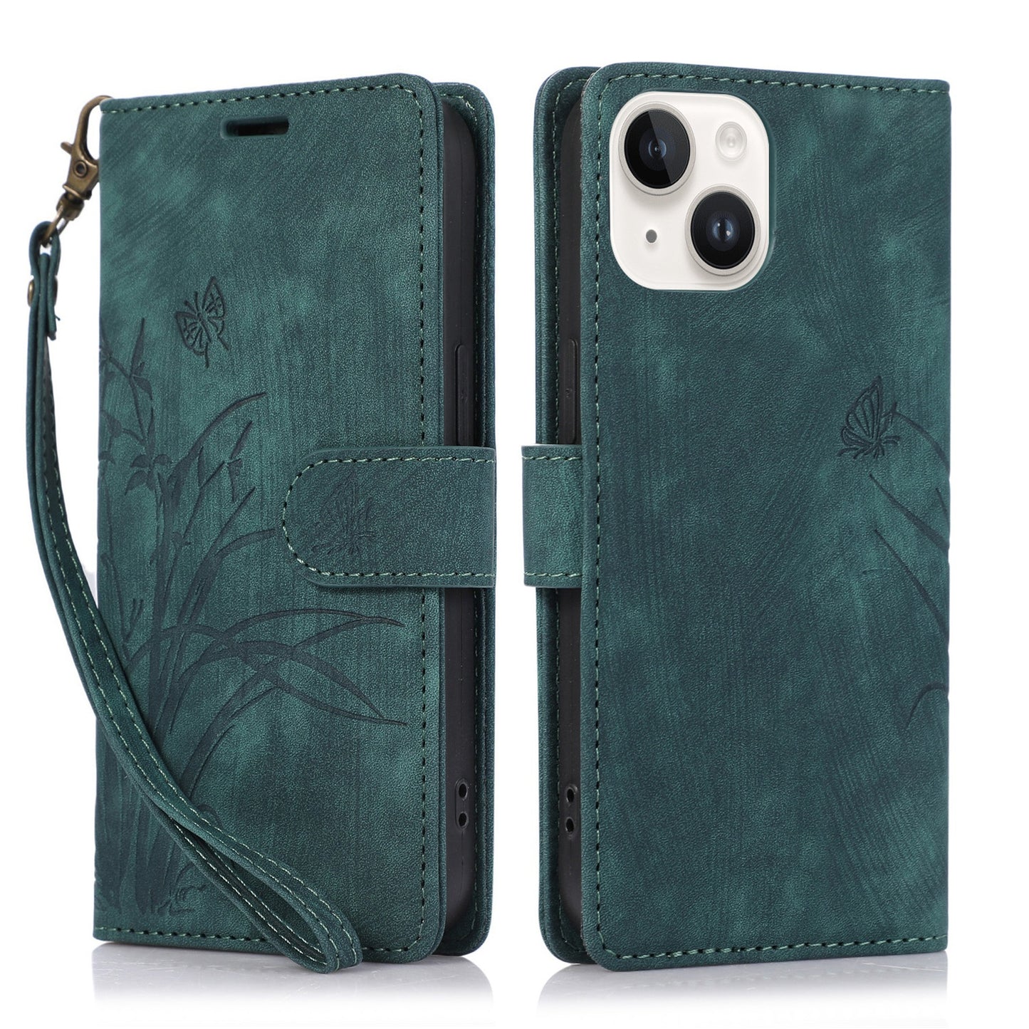 ELECTROPRIME For iPhone 15 Orchid Butterfly Embossed Leather Phone Case(Green)