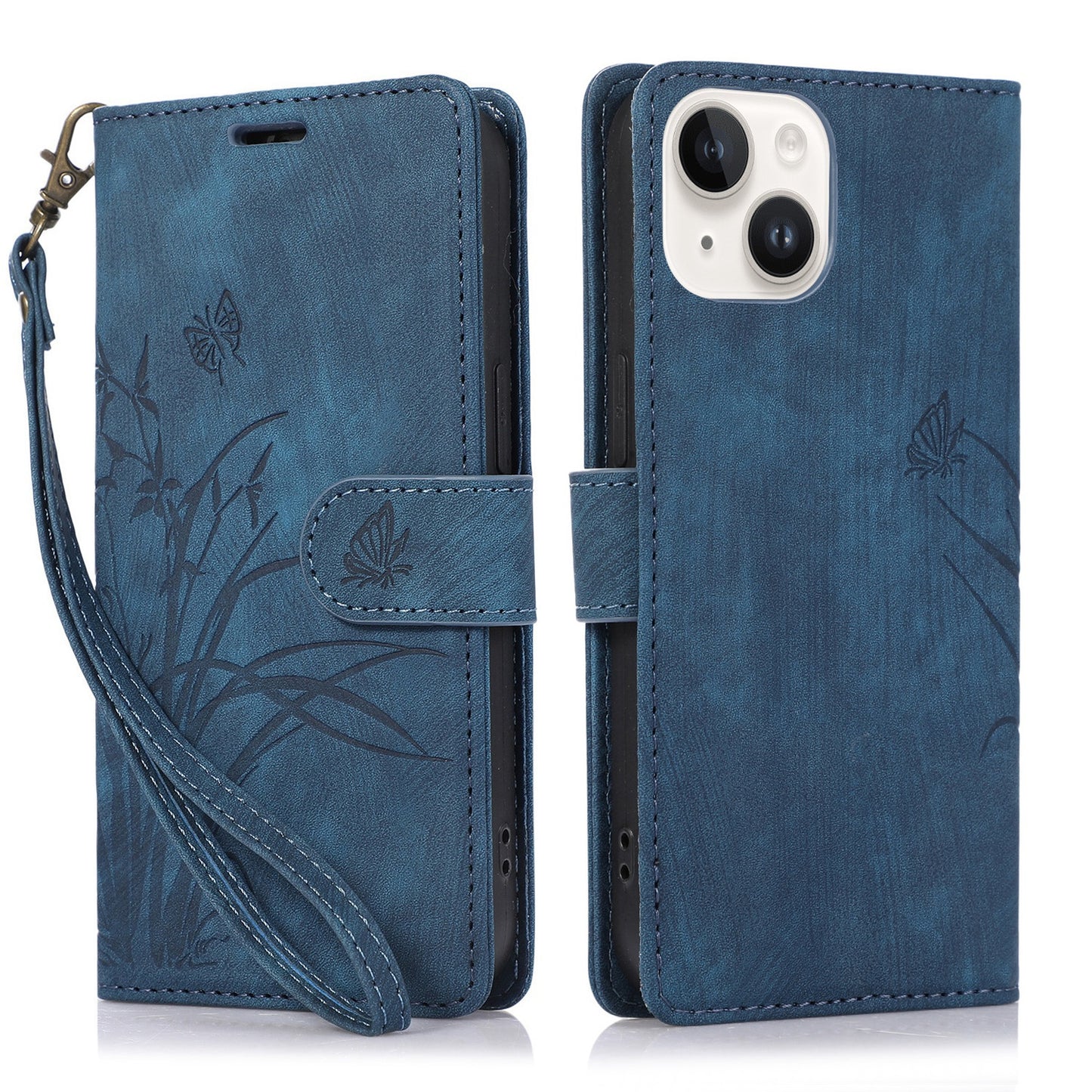 ELECTROPRIME For iPhone 15 Orchid Butterfly Embossed Leather Phone Case(Blue)