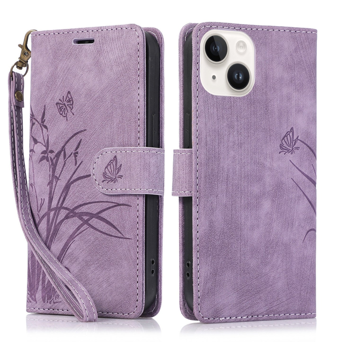ELECTROPRIME For iPhone 15 Orchid Butterfly Embossed Leather Phone Case(Purple)