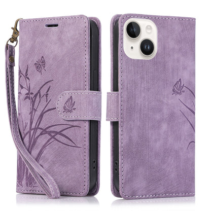 ELECTROPRIME For iPhone 15 Orchid Butterfly Embossed Leather Phone Case(Purple)