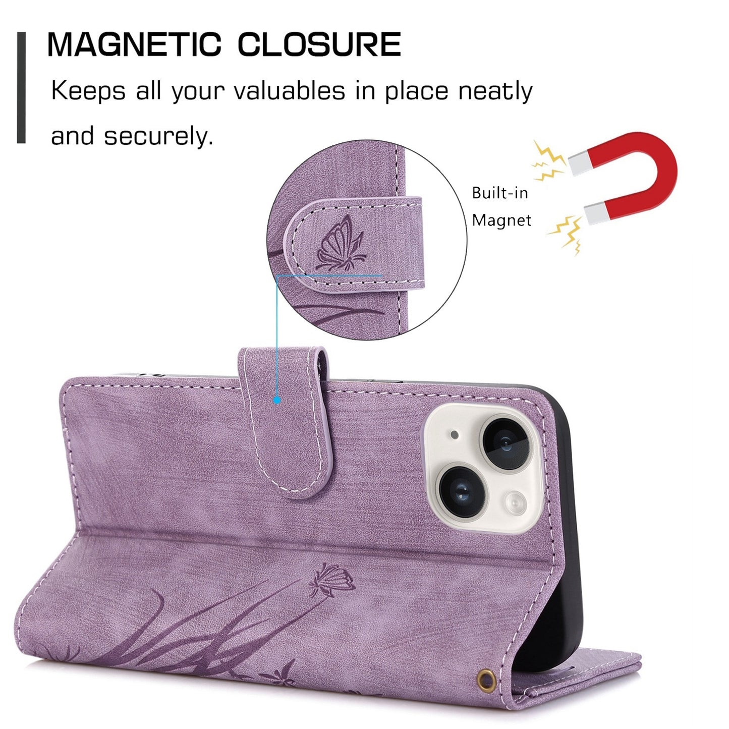 ELECTROPRIME For iPhone 15 Orchid Butterfly Embossed Leather Phone Case(Purple)