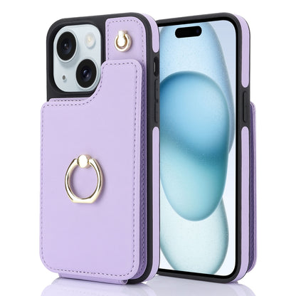 ELECTROPRIME For iPhone 15 Plus YM005 Skin Feel Card Bag Phone Case with Long Lanyard(Light Purple)