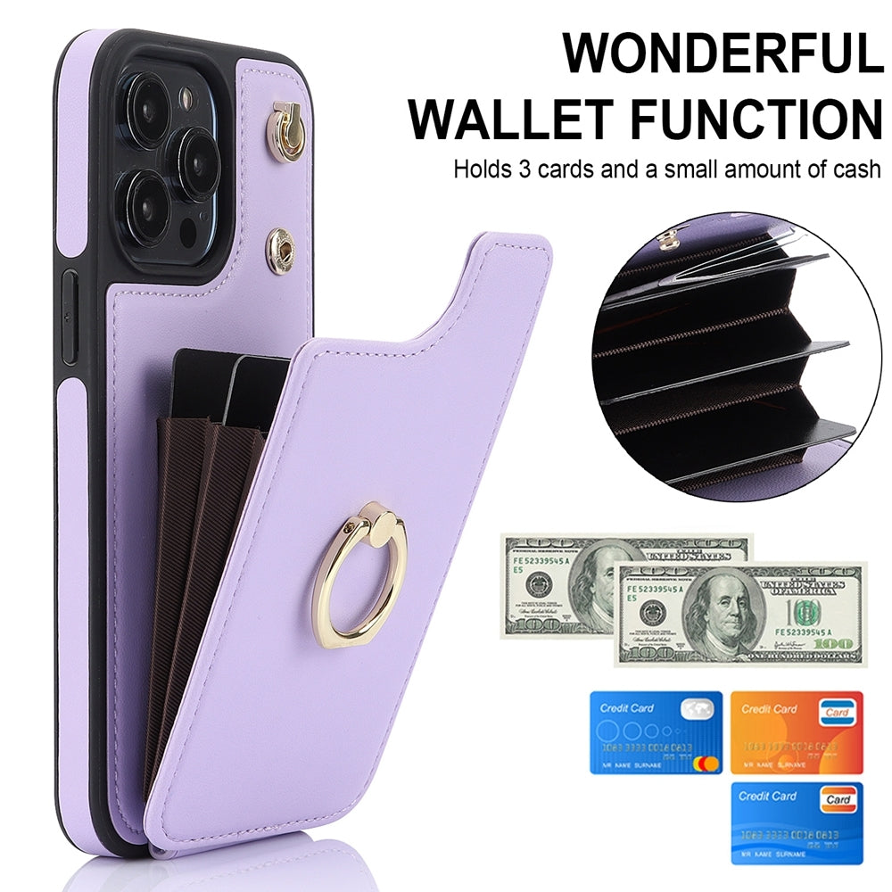 ELECTROPRIME For iPhone 15 Plus YM005 Skin Feel Card Bag Phone Case with Long Lanyard(Light Purple)