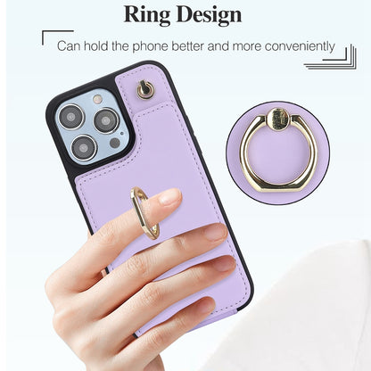 ELECTROPRIME For iPhone 15 Plus YM005 Skin Feel Card Bag Phone Case with Long Lanyard(Light Purple)