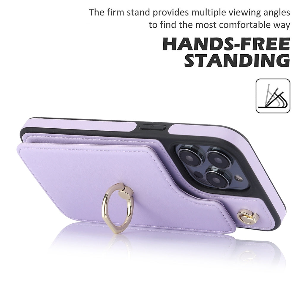 ELECTROPRIME For iPhone 15 Plus YM005 Skin Feel Card Bag Phone Case with Long Lanyard(Light Purple)