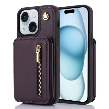 ELECTROPRIME For iPhone 15 Plus YM006 Skin Feel Zipper Card Bag Phone Case with Dual Lanyard(Dark Purple)