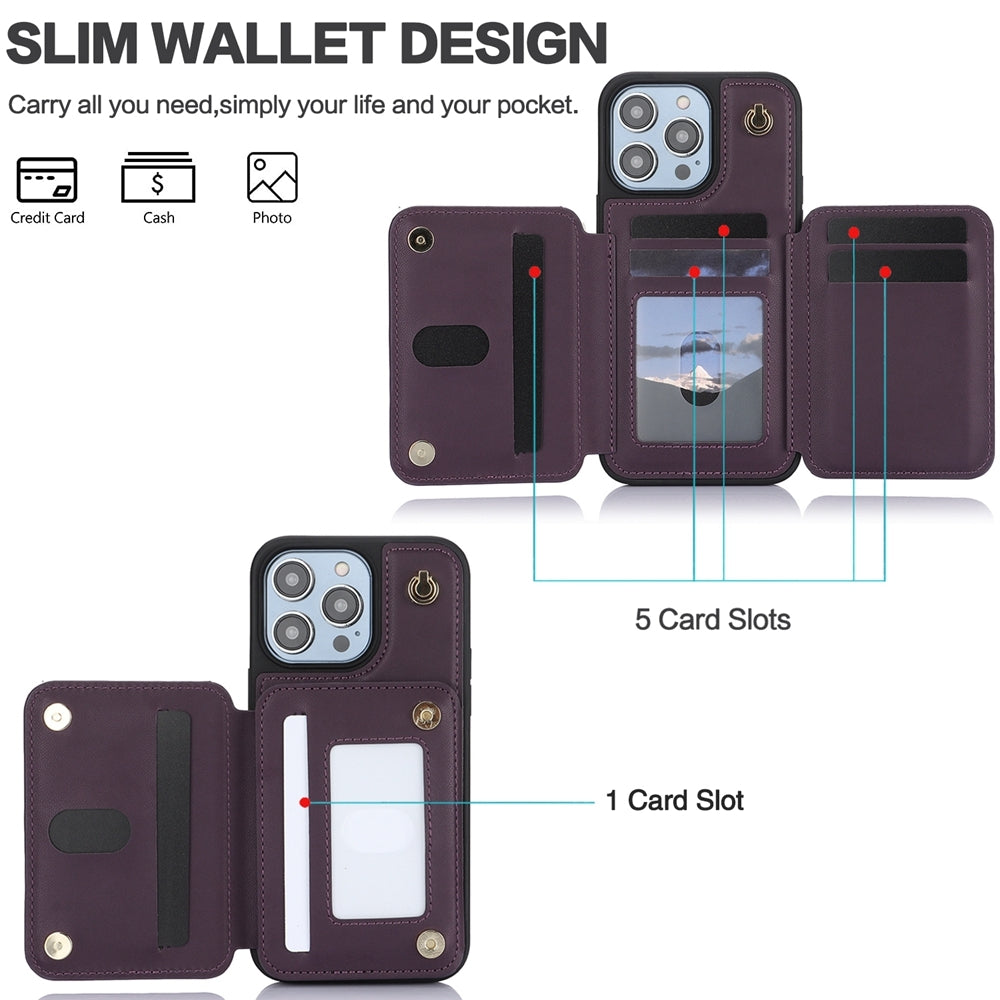 ELECTROPRIME For iPhone 15 Plus YM006 Skin Feel Zipper Card Bag Phone Case with Dual Lanyard(Dark Purple)