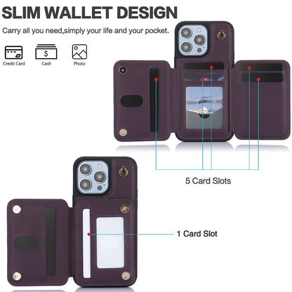 ELECTROPRIME For iPhone 15 Plus YM006 Skin Feel Zipper Card Bag Phone Case with Dual Lanyard(Dark Purple)