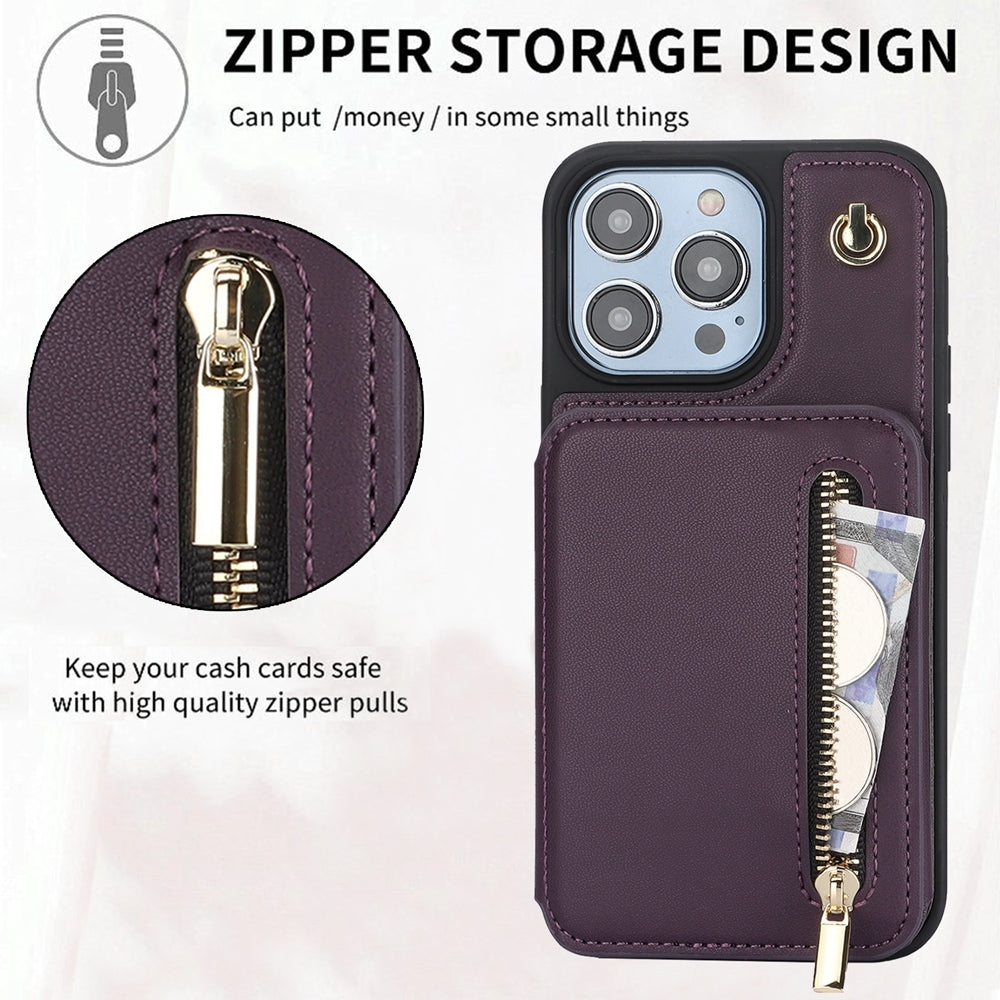 ELECTROPRIME For iPhone 15 Plus YM006 Skin Feel Zipper Card Bag Phone Case with Dual Lanyard(Dark Purple)