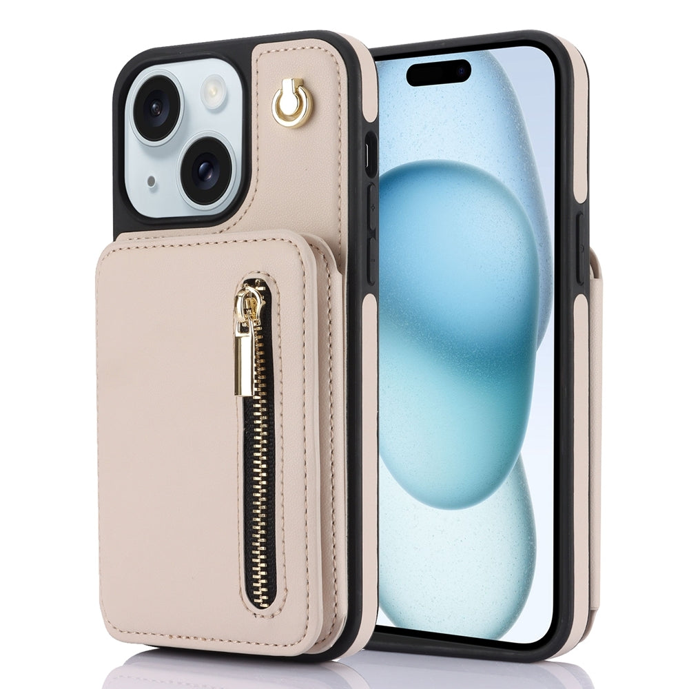 ELECTROPRIME For iPhone 15 YM006 Skin Feel Zipper Card Bag Phone Case with Dual Lanyard(Apricot)