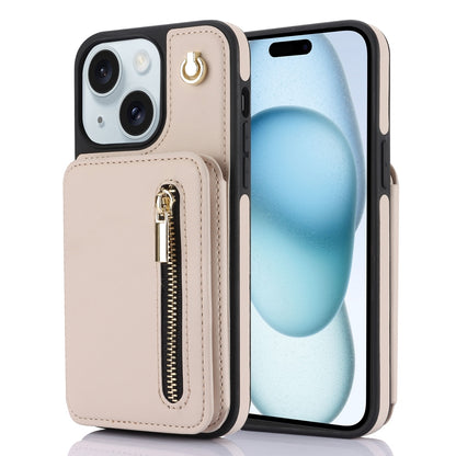 ELECTROPRIME For iPhone 15 YM006 Skin Feel Zipper Card Bag Phone Case with Dual Lanyard(Apricot)