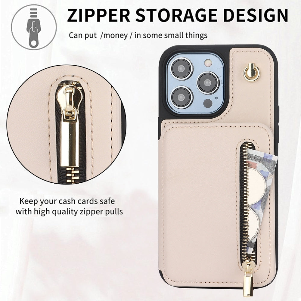ELECTROPRIME For iPhone 15 YM006 Skin Feel Zipper Card Bag Phone Case with Dual Lanyard(Apricot)