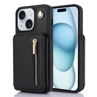 ELECTROPRIME For iPhone 15 YM006 Skin Feel Zipper Card Bag Phone Case with Dual Lanyard(Black)