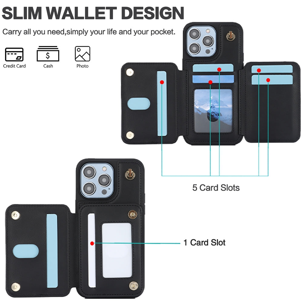 ELECTROPRIME For iPhone 15 YM006 Skin Feel Zipper Card Bag Phone Case with Dual Lanyard(Black)