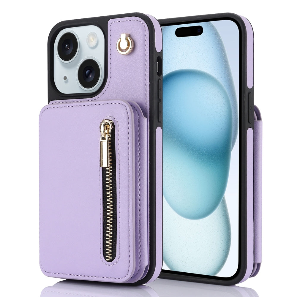 ELECTROPRIME For iPhone 15 YM006 Skin Feel Zipper Card Bag Phone Case with Dual Lanyard(Light Purple)
