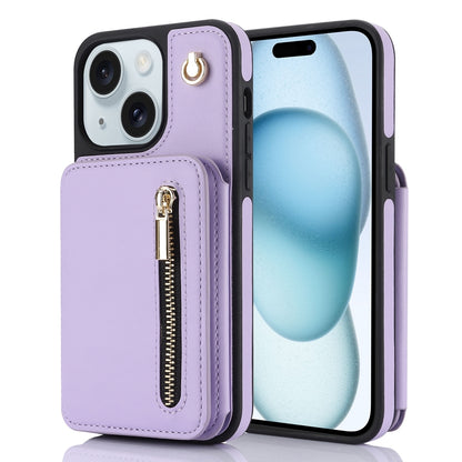 ELECTROPRIME For iPhone 15 YM006 Skin Feel Zipper Card Bag Phone Case with Dual Lanyard(Light Purple)