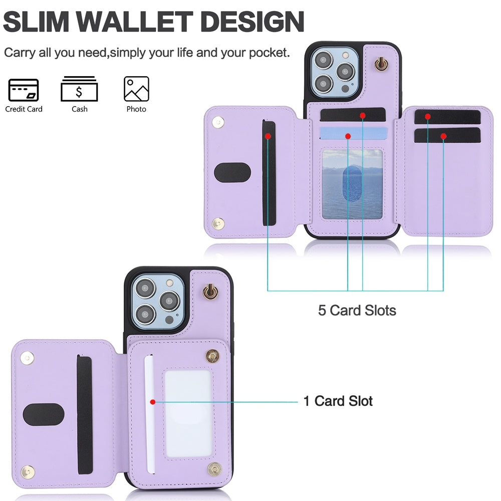 ELECTROPRIME For iPhone 15 YM006 Skin Feel Zipper Card Bag Phone Case with Dual Lanyard(Light Purple)