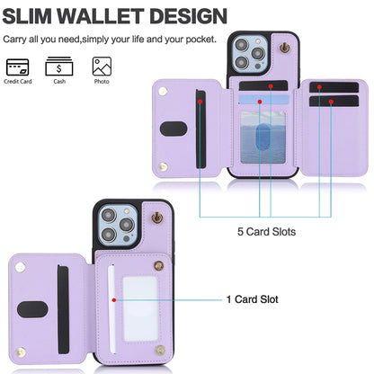 ELECTROPRIME For iPhone 15 YM006 Skin Feel Zipper Card Bag Phone Case with Dual Lanyard(Light Purple)