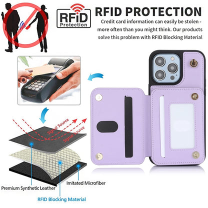 ELECTROPRIME For iPhone 15 YM006 Skin Feel Zipper Card Bag Phone Case with Dual Lanyard(Light Purple)