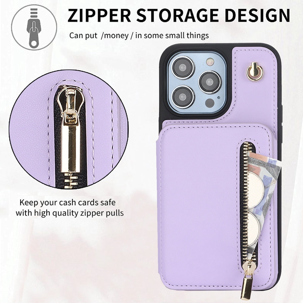 ELECTROPRIME For iPhone 15 YM006 Skin Feel Zipper Card Bag Phone Case with Dual Lanyard(Light Purple)
