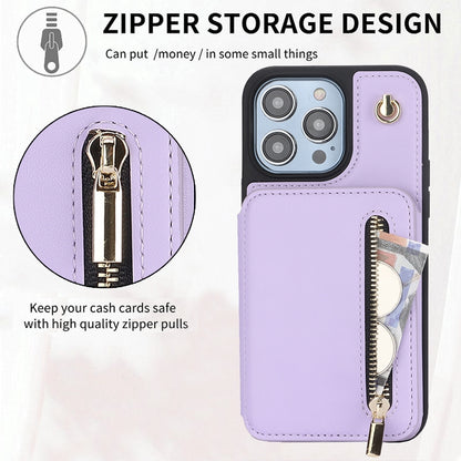 ELECTROPRIME For iPhone 15 YM006 Skin Feel Zipper Card Bag Phone Case with Dual Lanyard(Light Purple)