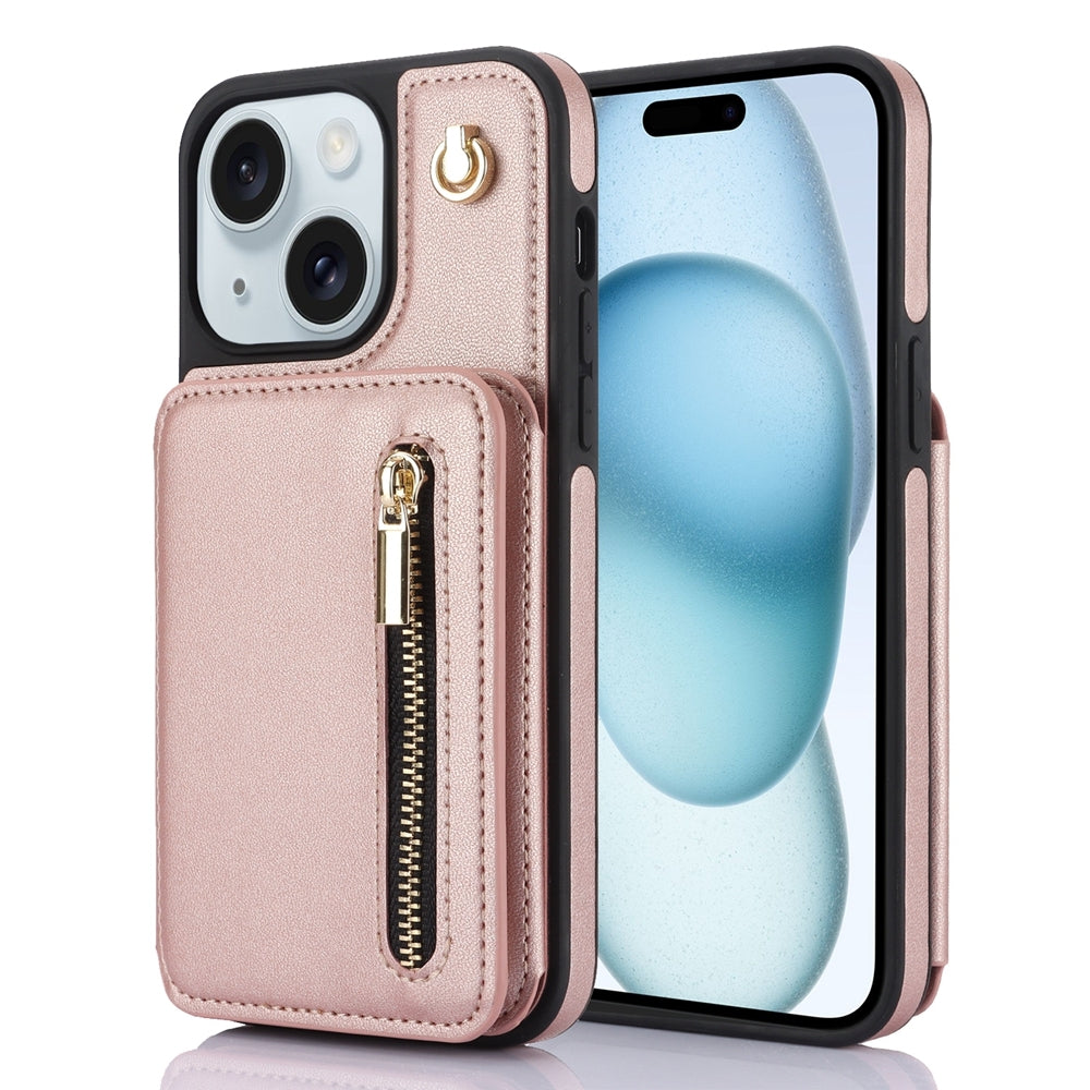 ELECTROPRIME For iPhone 15 YM006 Skin Feel Zipper Card Bag Phone Case with Dual Lanyard(Rose Gold)
