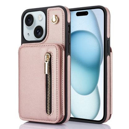 ELECTROPRIME For iPhone 15 YM006 Skin Feel Zipper Card Bag Phone Case with Dual Lanyard(Rose Gold)