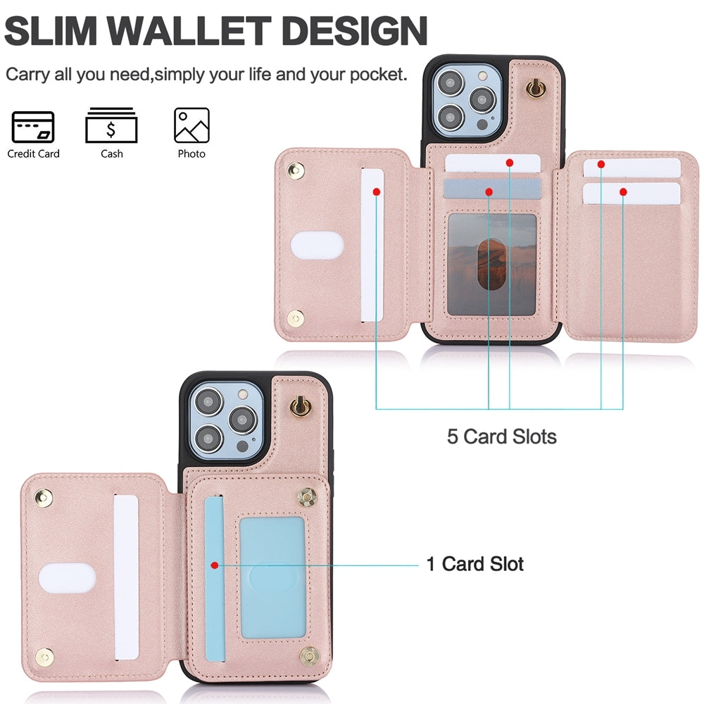 ELECTROPRIME For iPhone 15 YM006 Skin Feel Zipper Card Bag Phone Case with Dual Lanyard(Rose Gold)