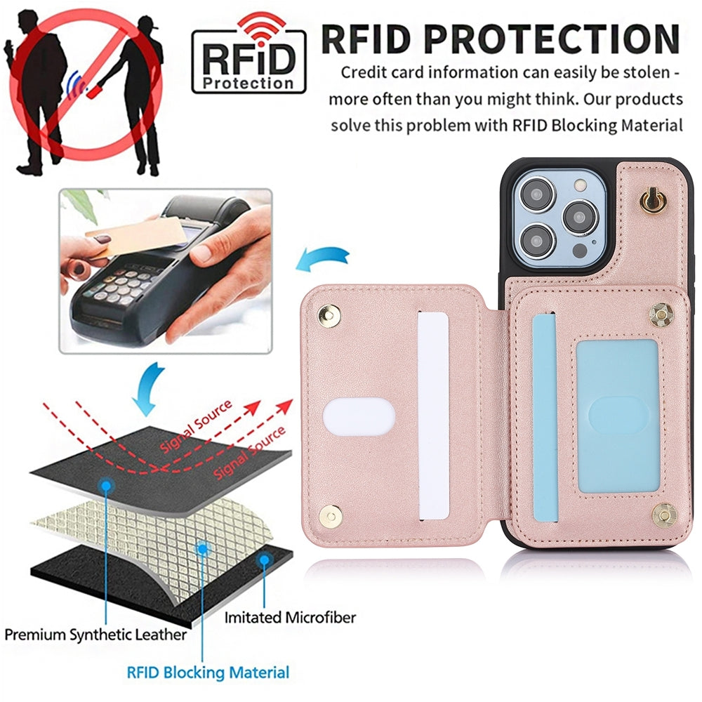 ELECTROPRIME For iPhone 15 YM006 Skin Feel Zipper Card Bag Phone Case with Dual Lanyard(Rose Gold)