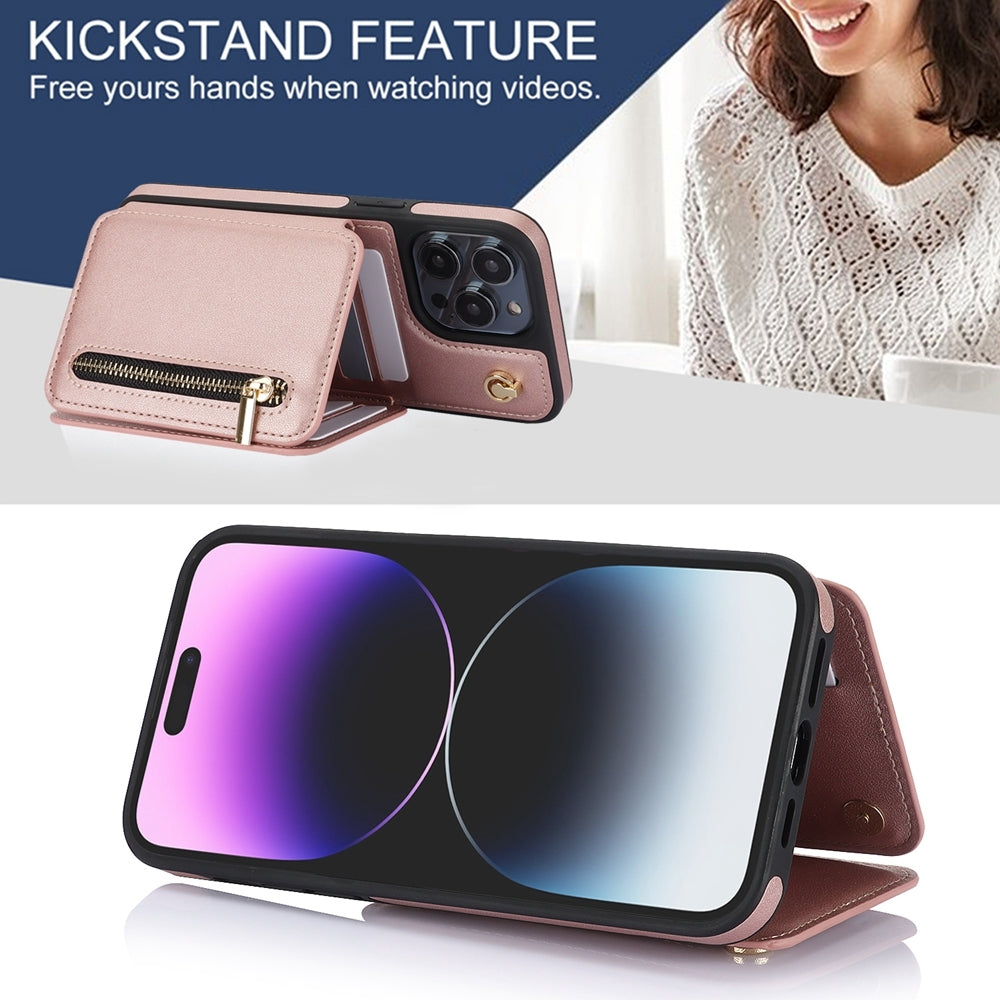 ELECTROPRIME For iPhone 15 YM006 Skin Feel Zipper Card Bag Phone Case with Dual Lanyard(Rose Gold)