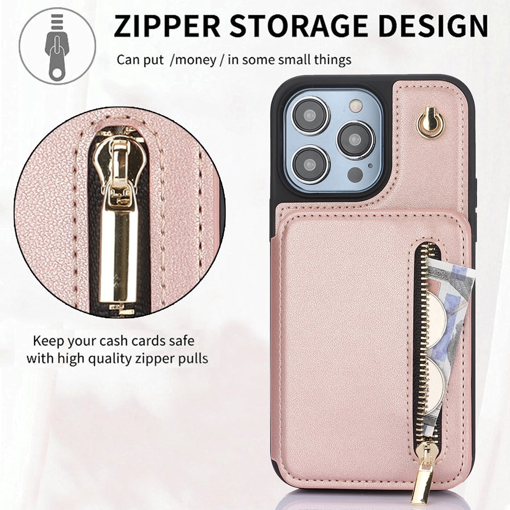 ELECTROPRIME For iPhone 15 YM006 Skin Feel Zipper Card Bag Phone Case with Dual Lanyard(Rose Gold)