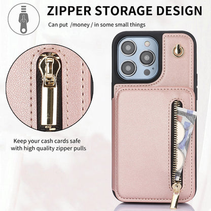ELECTROPRIME For iPhone 15 YM006 Skin Feel Zipper Card Bag Phone Case with Dual Lanyard(Rose Gold)