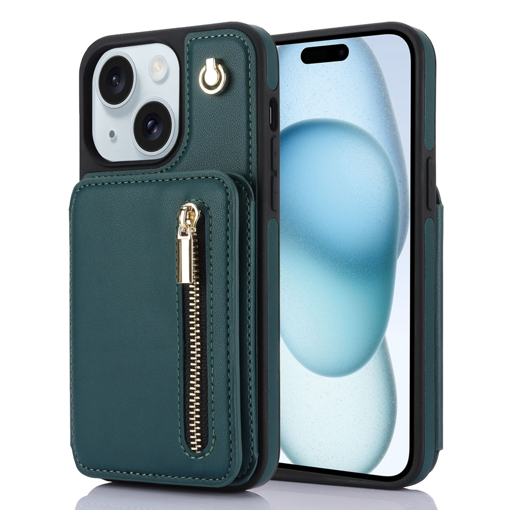 ELECTROPRIME For iPhone 15 YM006 Skin Feel Zipper Card Bag Phone Case with Dual Lanyard(Green)