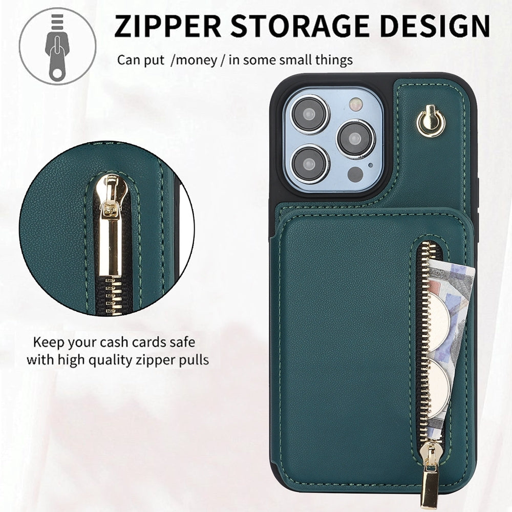 ELECTROPRIME For iPhone 15 YM006 Skin Feel Zipper Card Bag Phone Case with Dual Lanyard(Green)