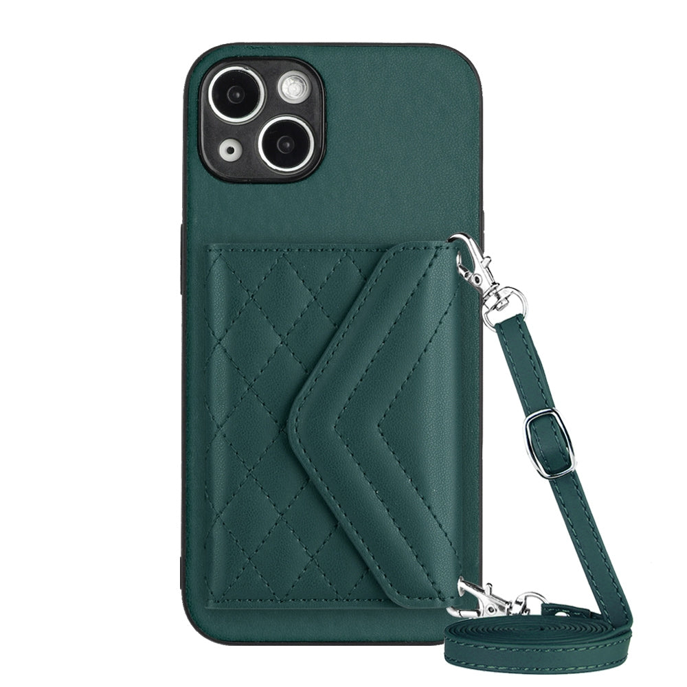 ELECTROPRIME For iPhone 15 Rhombic Texture Card Bag RFID Phone Case with Long Lanyard(Green)