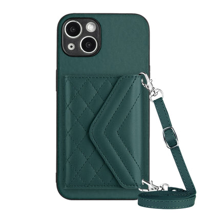 ELECTROPRIME For iPhone 15 Rhombic Texture Card Bag RFID Phone Case with Long Lanyard(Green)