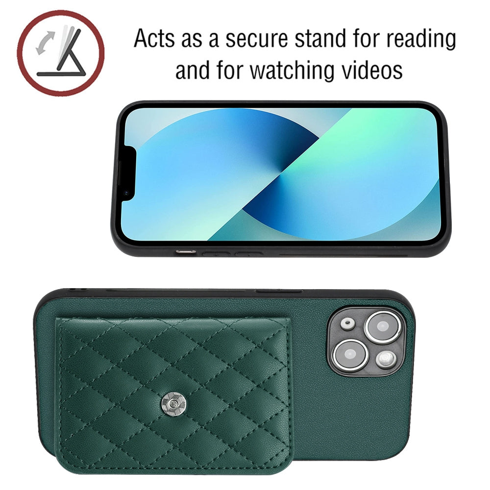 ELECTROPRIME For iPhone 15 Rhombic Texture Card Bag RFID Phone Case with Long Lanyard(Green)