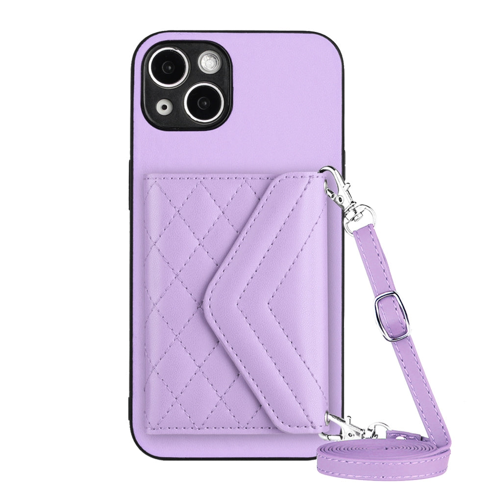 ELECTROPRIME For iPhone 15 Rhombic Texture Card Bag RFID Phone Case with Long Lanyard(Light Purple)